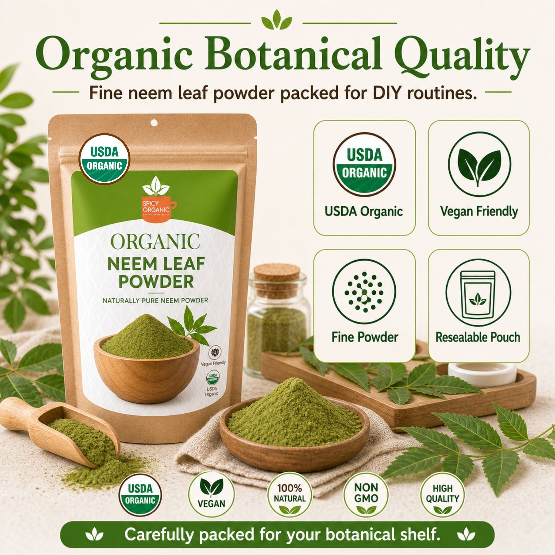 Organic Neem Powder – USDA Certified Neem Leaf Powder for Herbal Tea & DIY Skincare