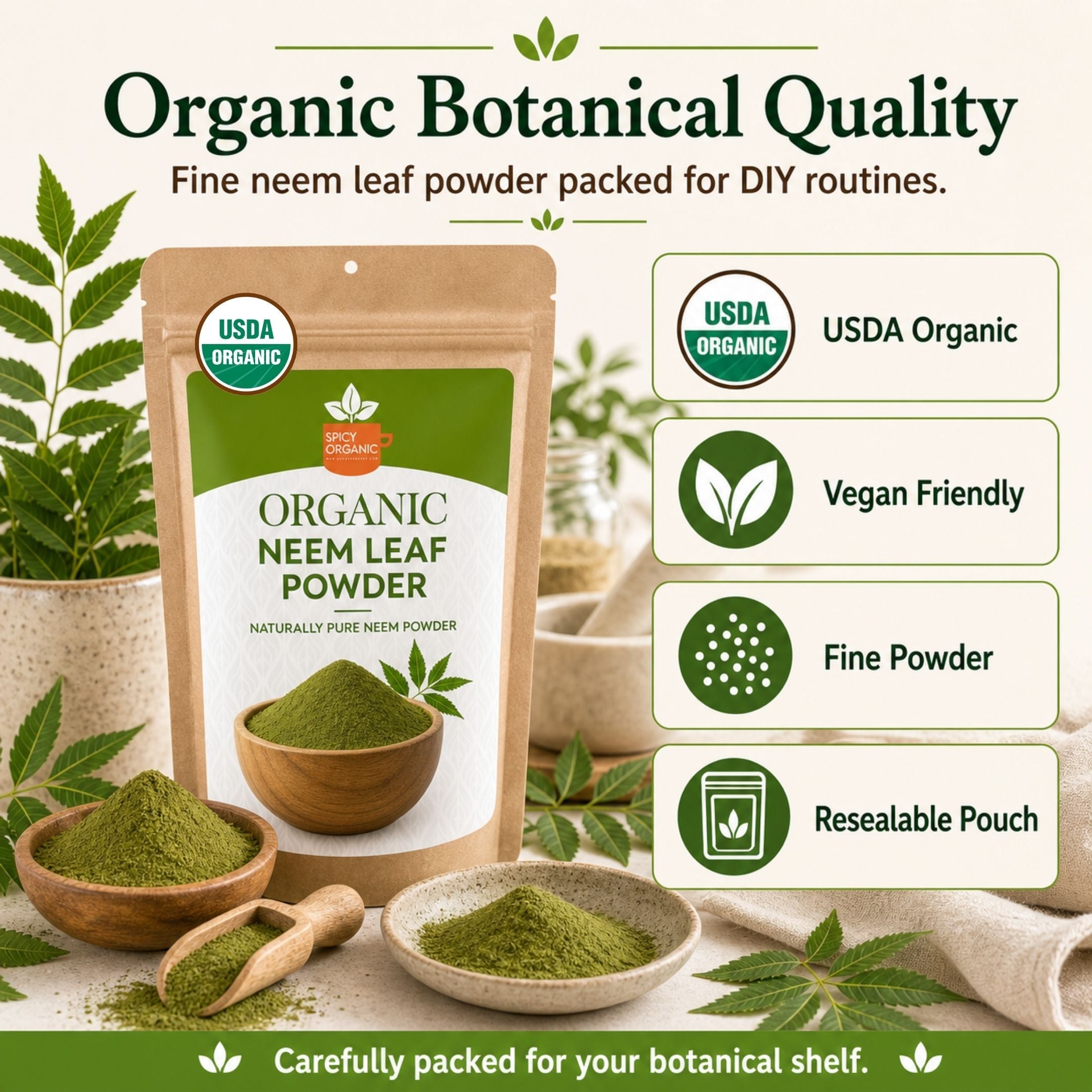 Organic Neem Powder – USDA Certified Neem Leaf Powder for Herbal Tea & DIY Skincare