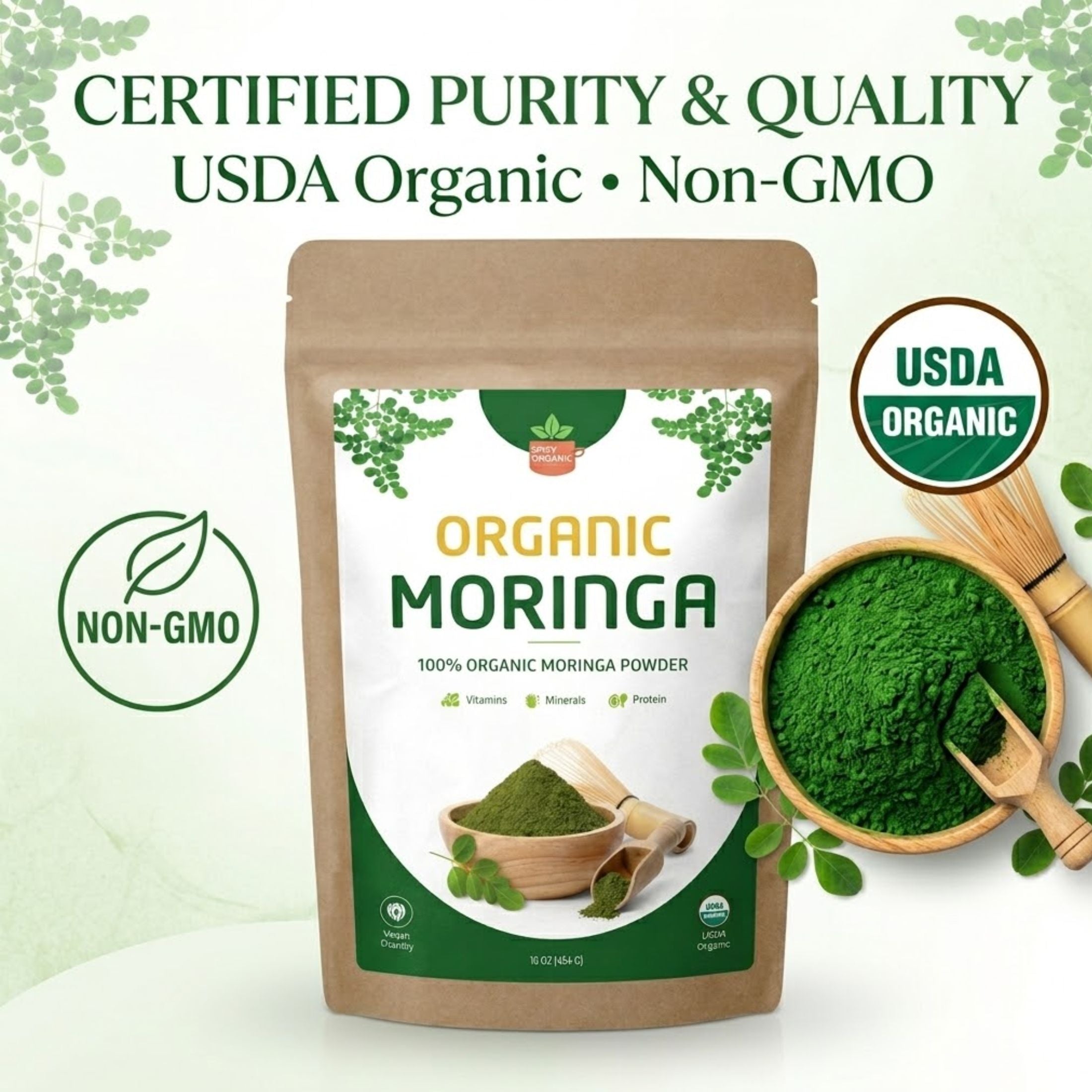 Organic Moringa Powder — USDA Certified | Smoothies, Golden Milk & Superfood Blends from India