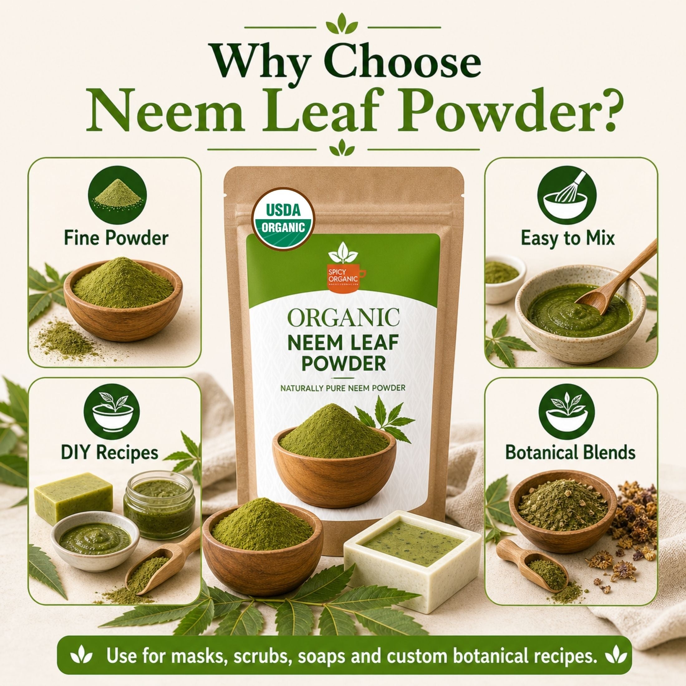 Organic Neem Powder – USDA Certified Neem Leaf Powder for Herbal Tea & DIY Skincare