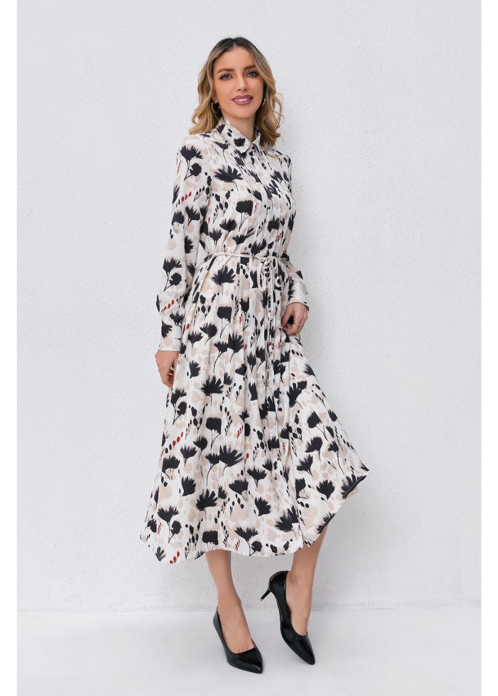 Modest Floral Midi Dress with Light Front Tie