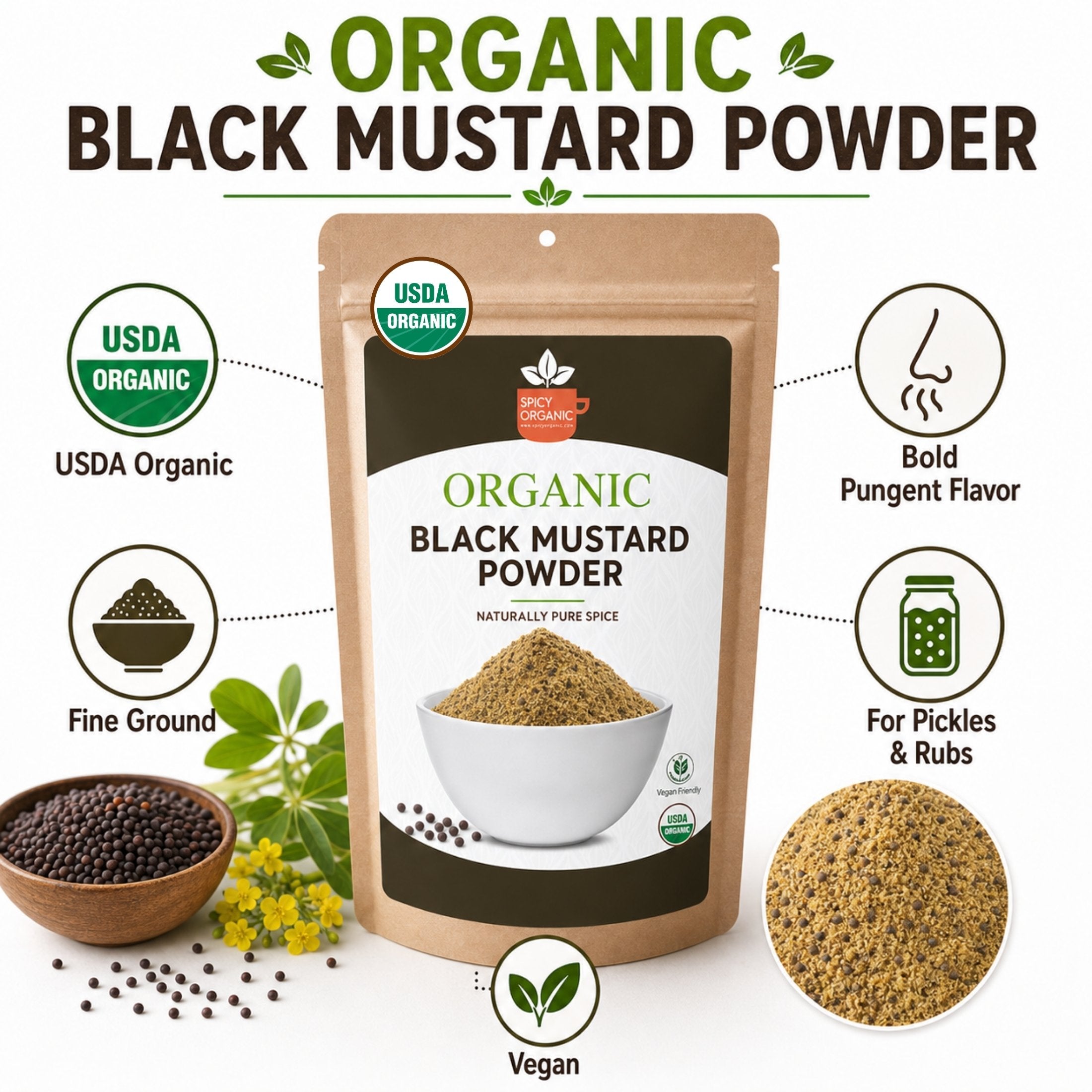 Organic Black Mustard Seed Powder – USDA Certified Organic Ground Mustard for Cooking & Seasoning