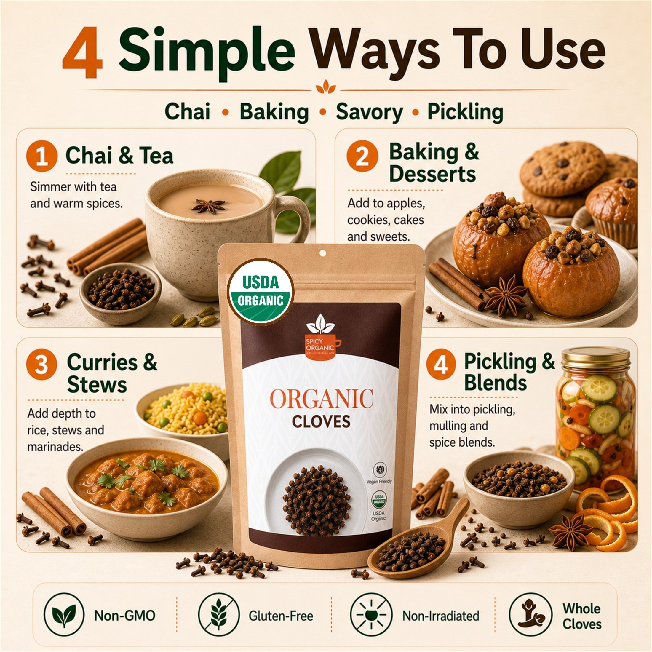 Organic Whole Cloves — USDA Certified, Non-GMO | Mulled Wine, Biryani & Spiced Tea