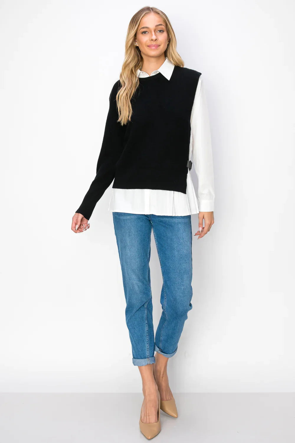Cotton Pleated Shirt with Knitted Sweater 2pc Set