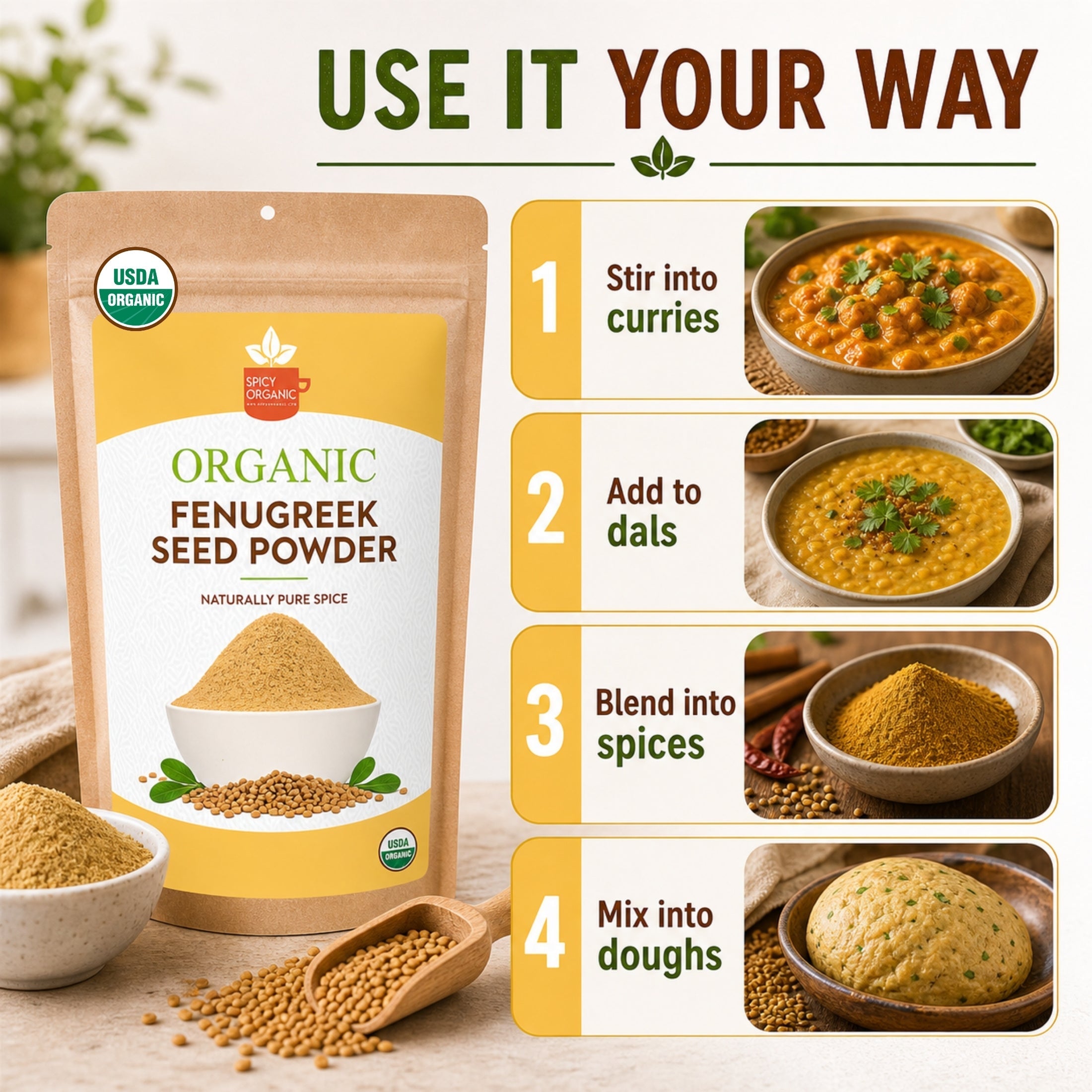 Organic Fenugreek Seed Powder – USDA Certified Ground Methi for Curries, Spice Blends & Tea