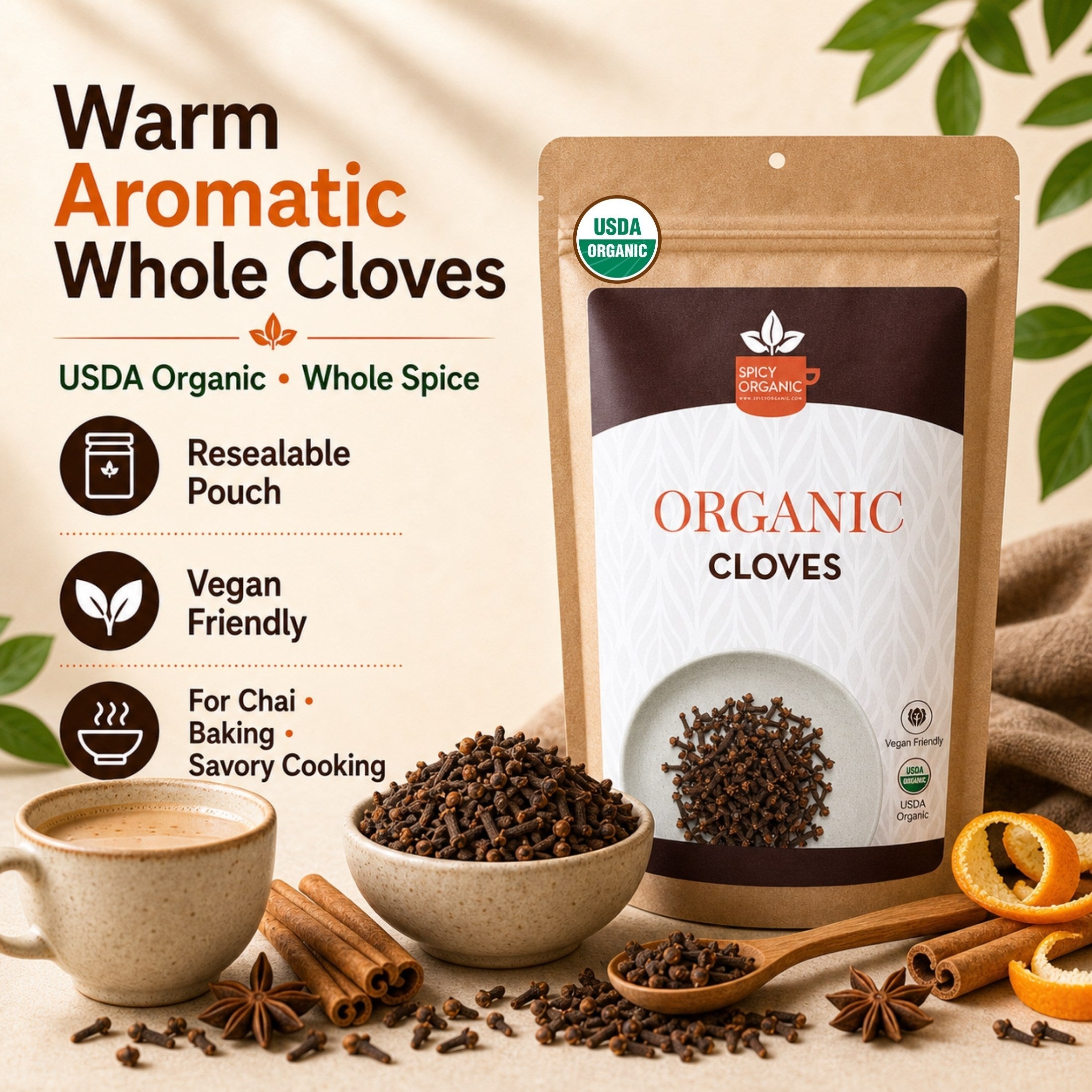 Organic Whole Cloves — USDA Certified, Non-GMO | Mulled Wine, Biryani & Spiced Tea