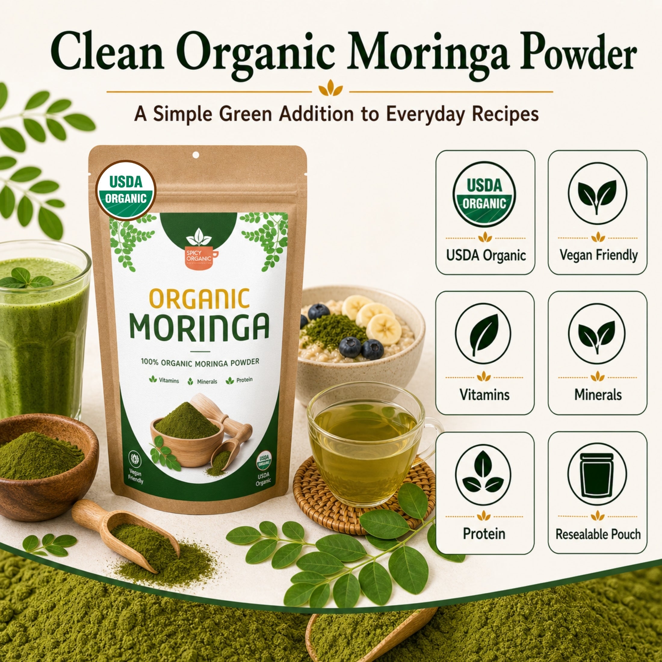 Organic Moringa Powder — USDA Certified | Smoothies, Golden Milk & Superfood Blends from India