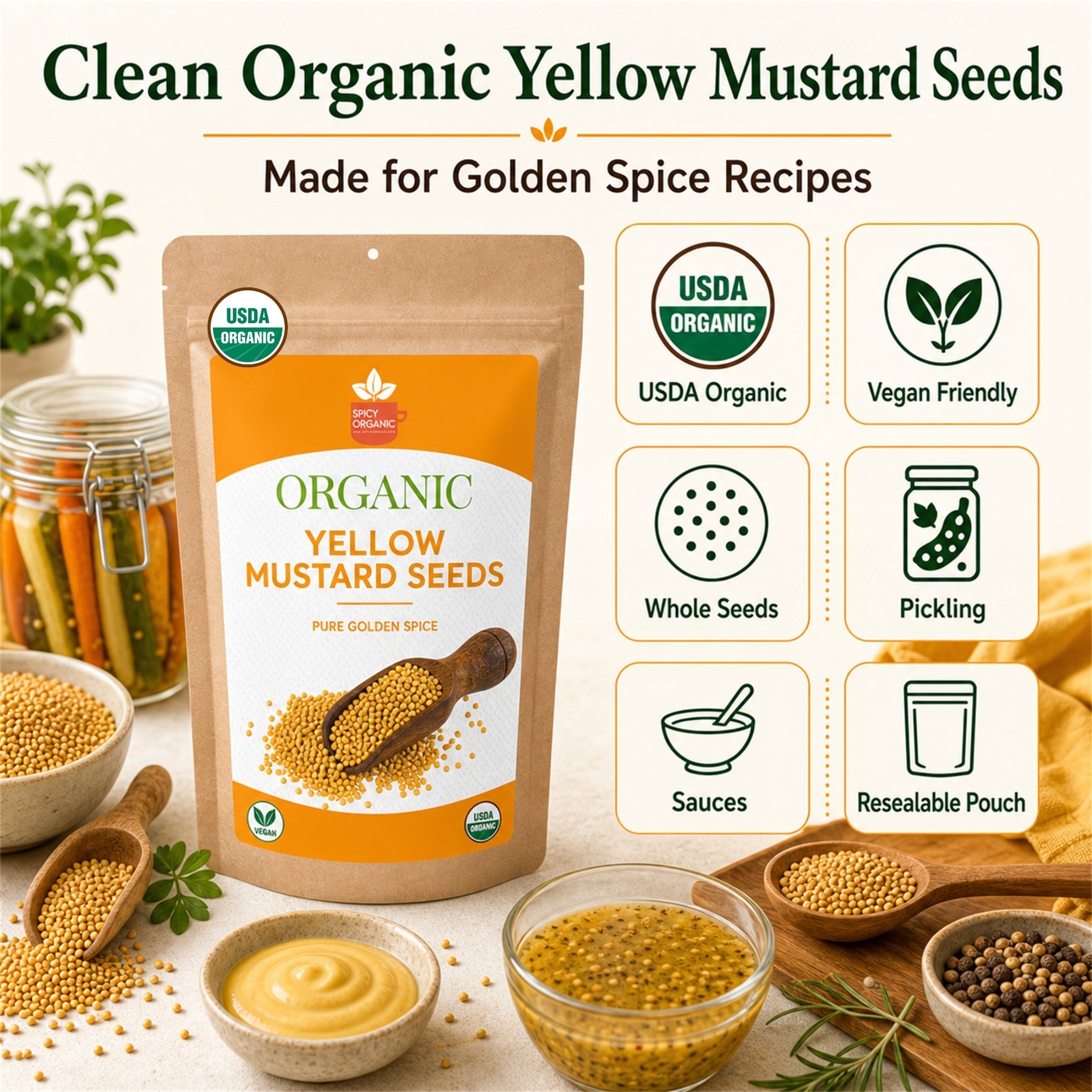Organic Yellow Mustard Seeds – USDA Certified Organic Whole Mustard Seeds for Pickling & Cooking