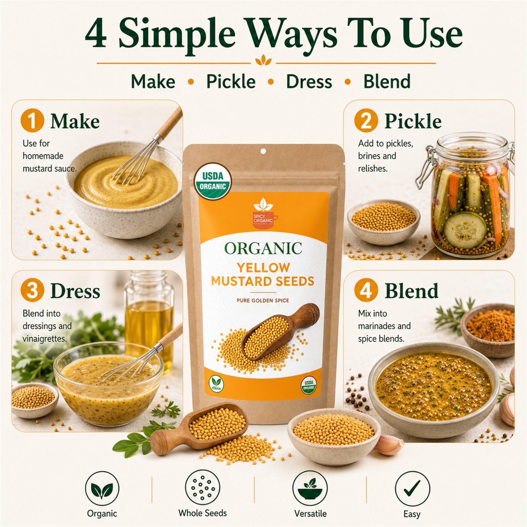 Organic Yellow Mustard Seeds – USDA Certified Organic Whole Mustard Seeds for Pickling & Cooking