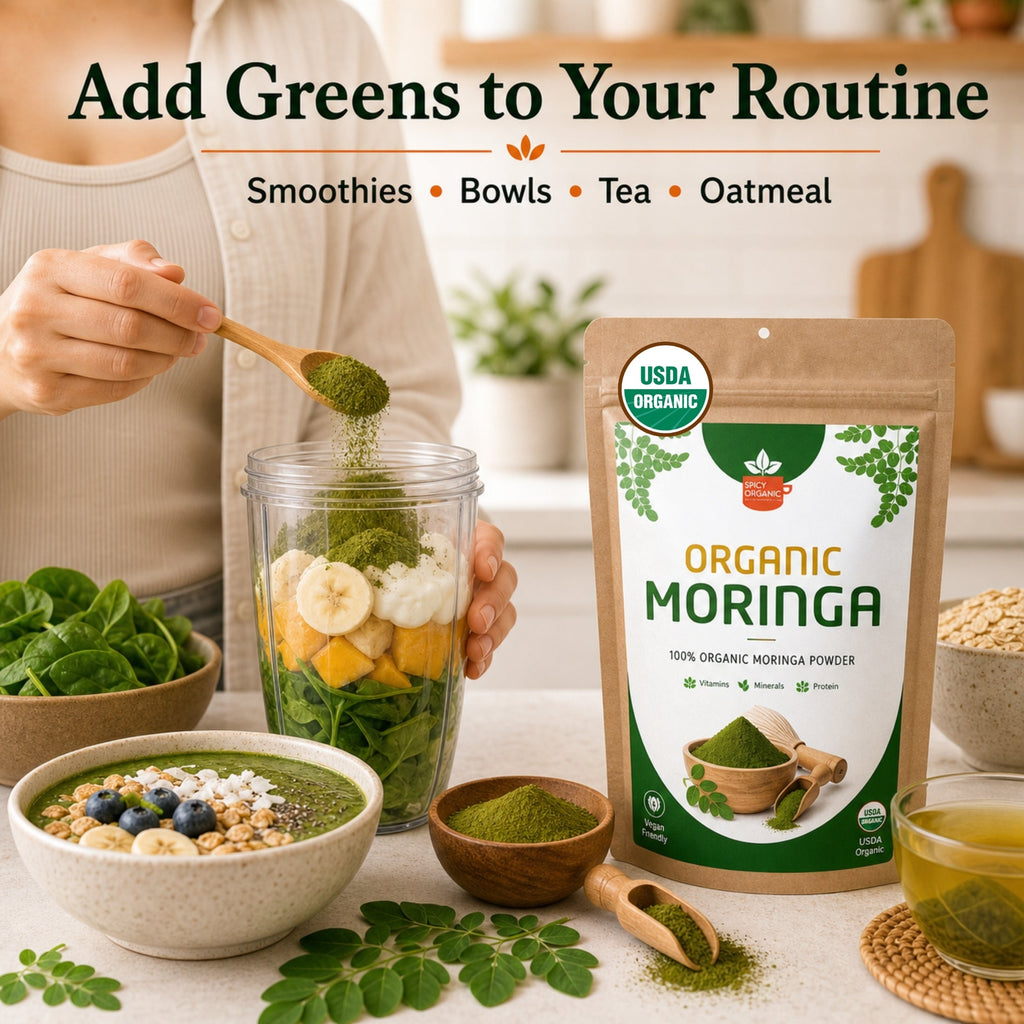 Organic Moringa Powder — USDA Certified | Smoothies, Golden Milk & Superfood Blends from India