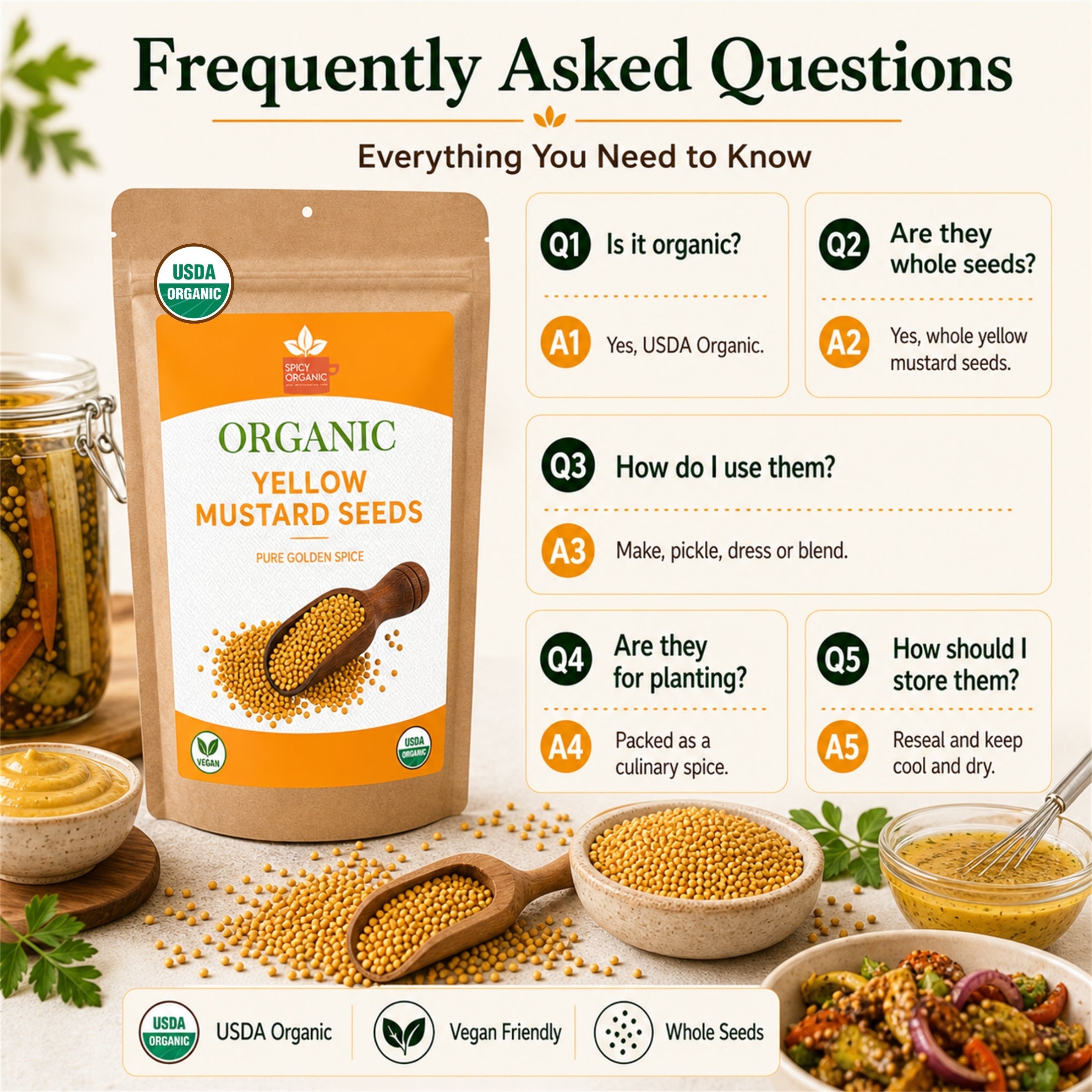 Organic Yellow Mustard Seeds – USDA Certified Organic Whole Mustard Seeds for Pickling & Cooking