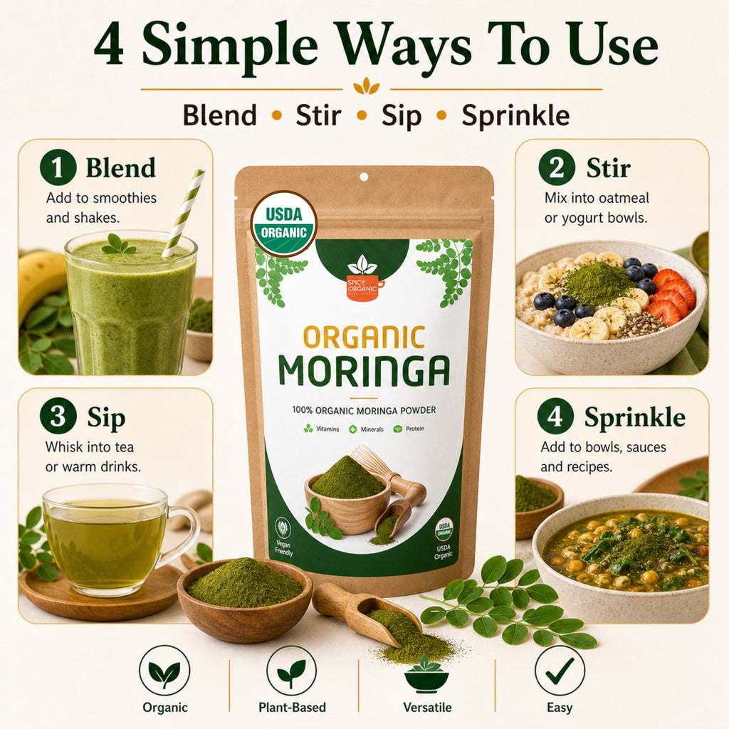 Organic Moringa Powder — USDA Certified | Smoothies, Golden Milk & Superfood Blends from India