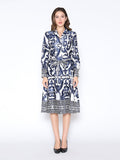 Floral Long Sleeve Lapel Collar Tie Belt Dress - Gracia D36953