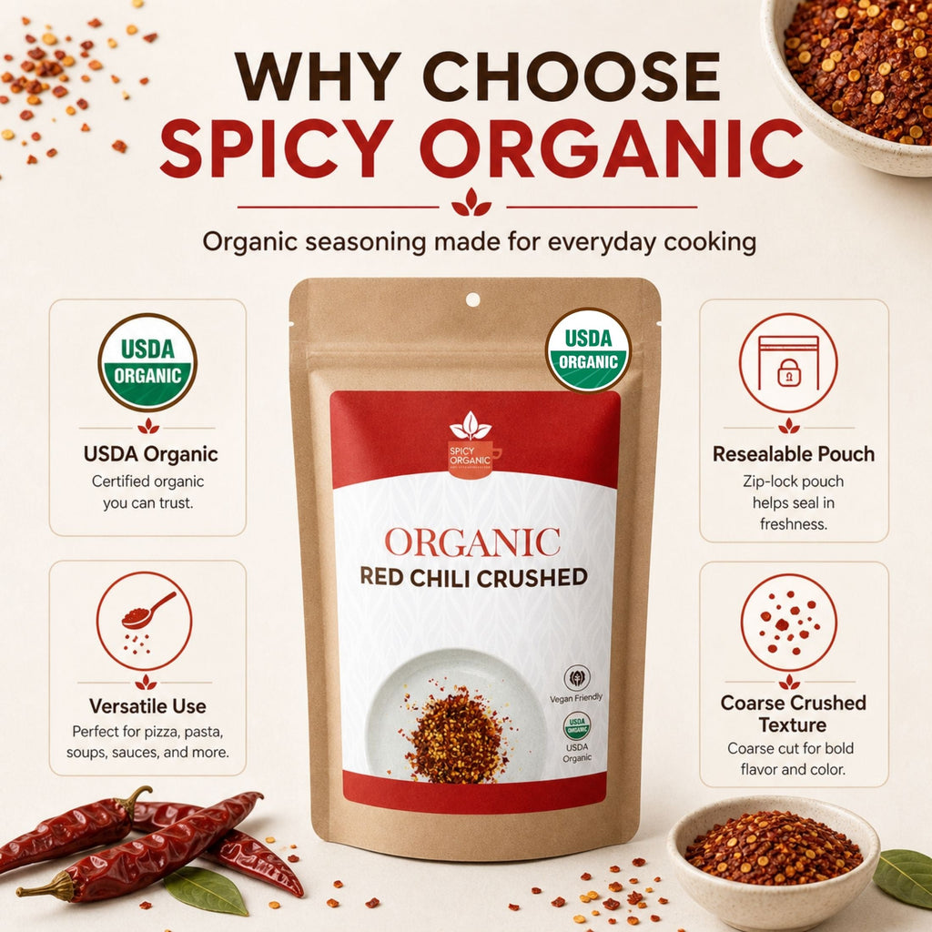 Organic Red Chili Flakes — USDA Certified, Non-GMO | Pizza, Curries & Spice Blends