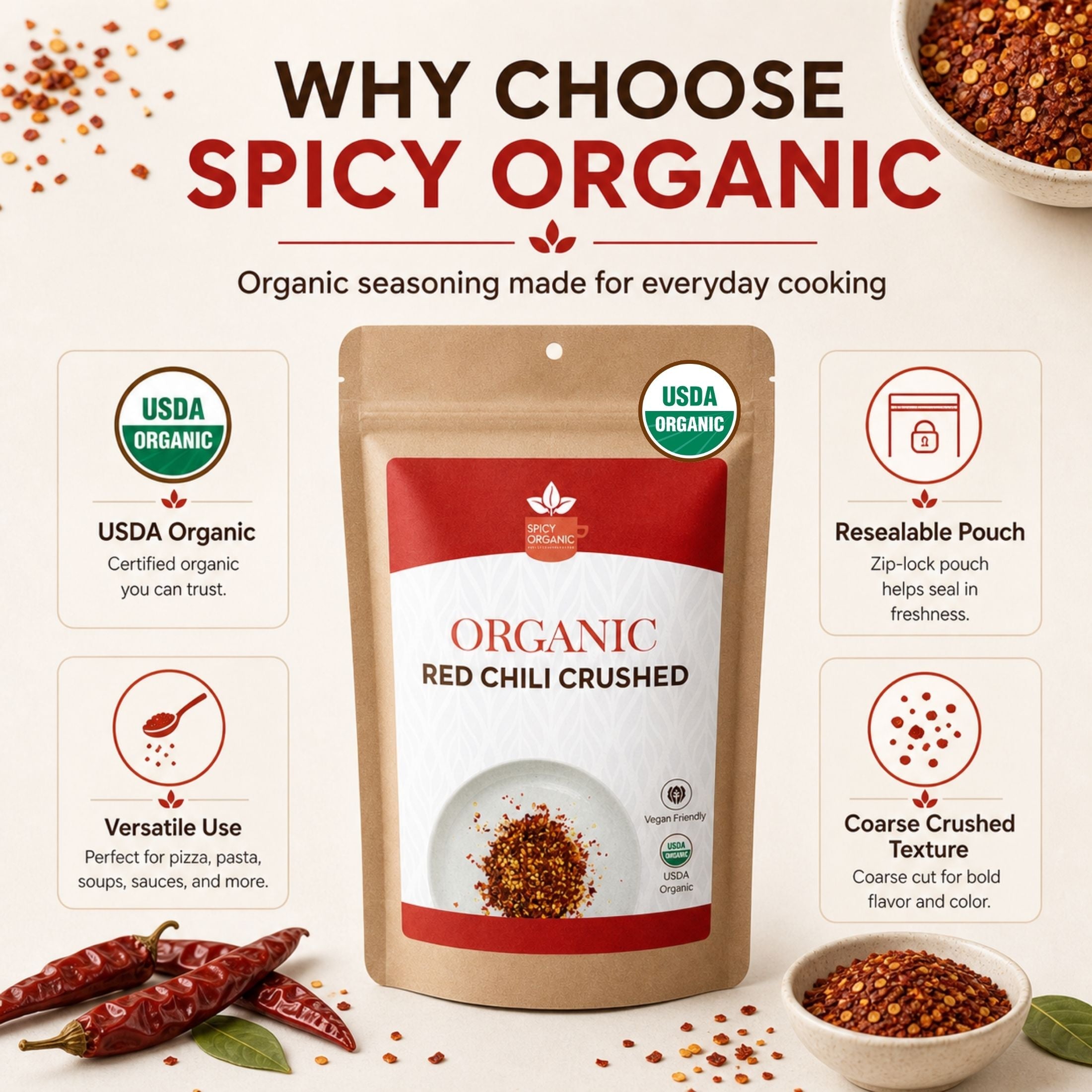 Organic Red Chili Flakes — USDA Certified, Non-GMO | Pizza, Curries & Spice Blends