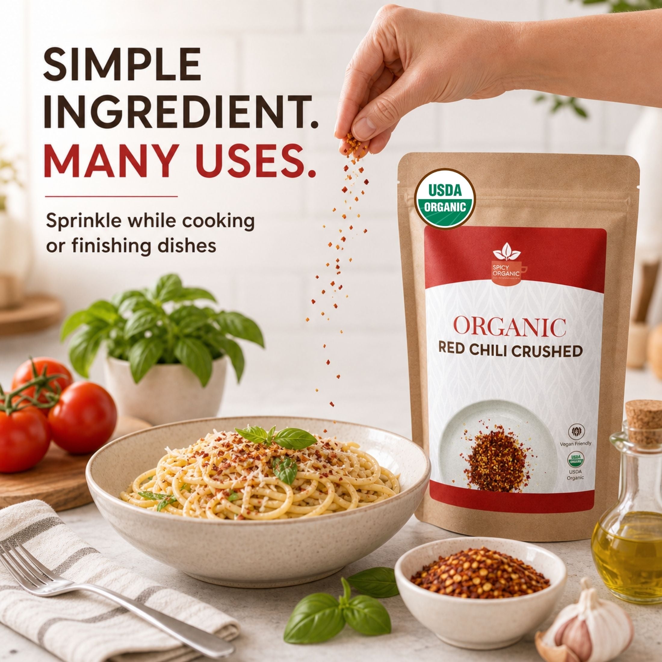 Organic Red Chili Flakes — USDA Certified, Non-GMO | Pizza, Curries & Spice Blends