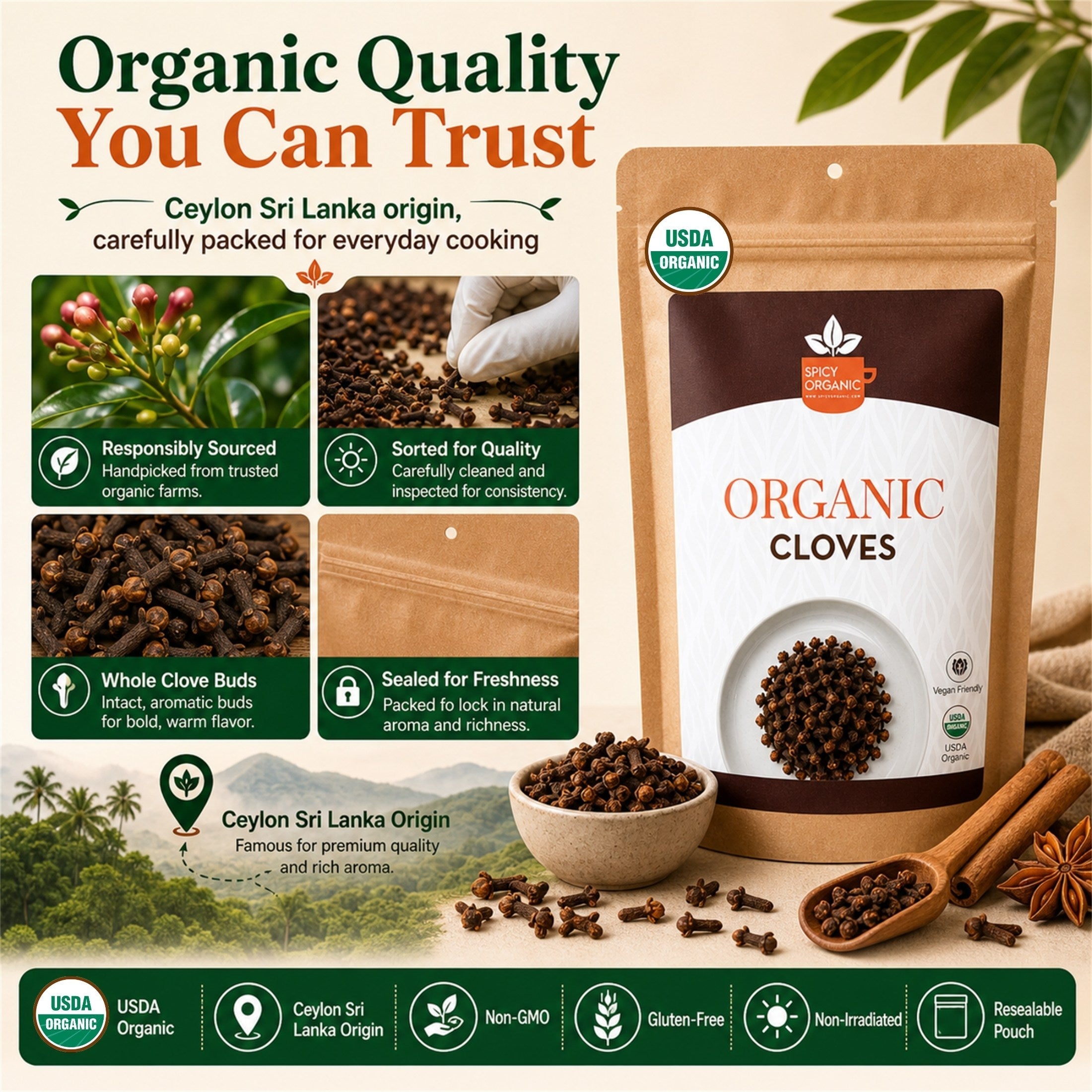 Organic Whole Cloves — USDA Certified, Non-GMO | Mulled Wine, Biryani & Spiced Tea