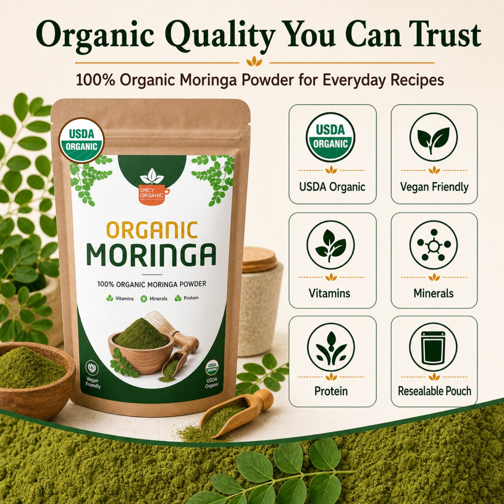 Organic Moringa Powder — USDA Certified | Smoothies, Golden Milk & Superfood Blends from India