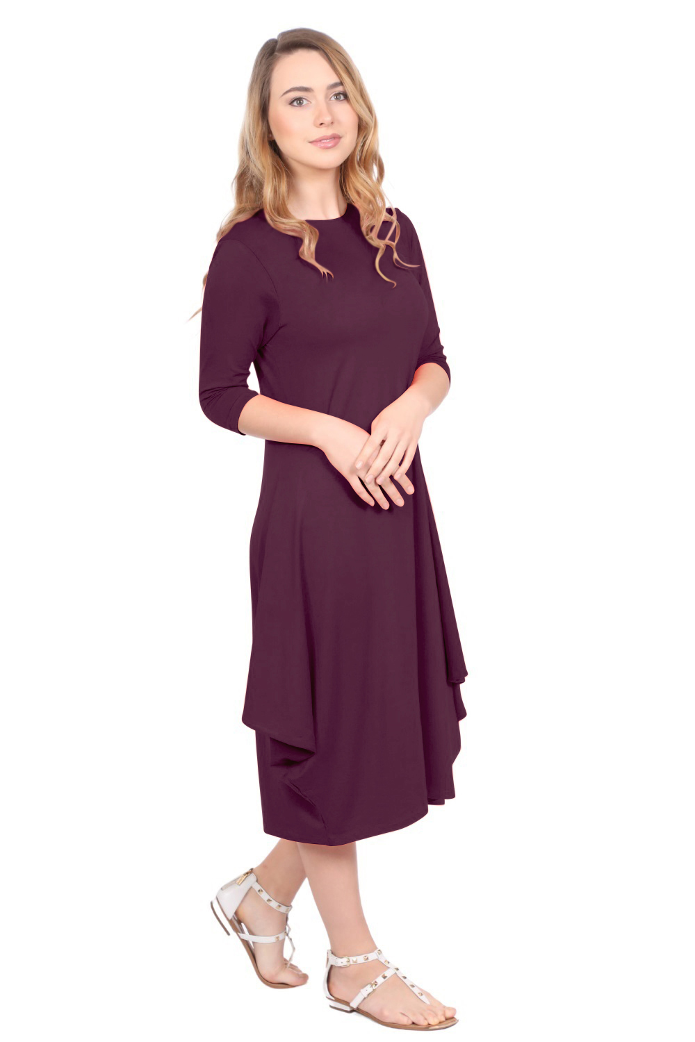 Flowing Midi Dress with 3/4 Sleeves and Dramatic Drape