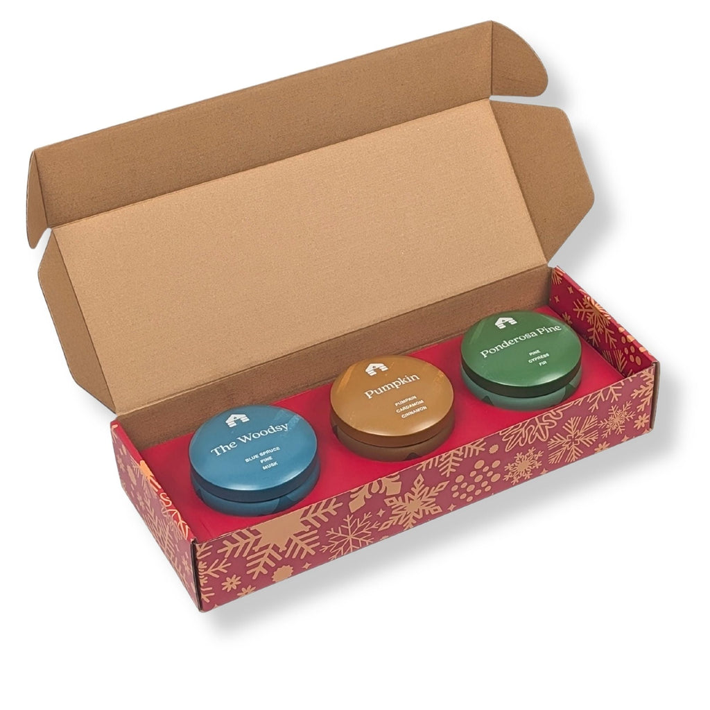 Scented Candle Gift Set - Three 8oz Aromática Coconut Wax Candle Tins - Pumpkin, Pine & Woodsy