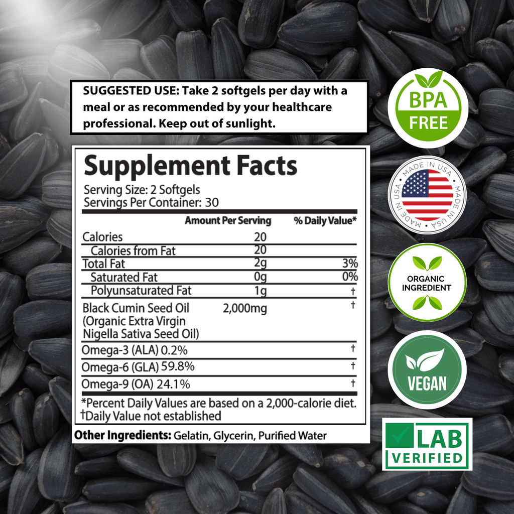 Organic Black Seed Oil Softgels — 2,000mg per Serving