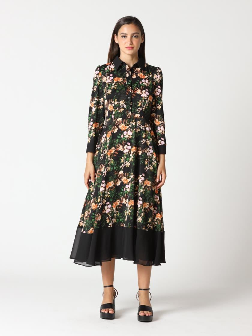 Gracia Floral Blocked Front-Button Collor Flare Dress D34449