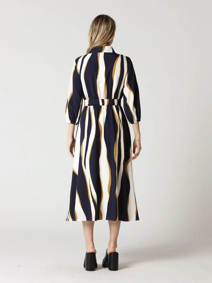 Wavy Abstract Front Button Down Shirt Dress