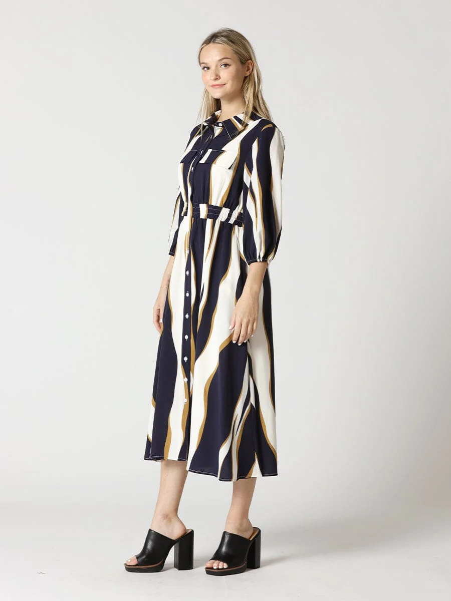 Wavy Abstract Front Button Down Shirt Dress