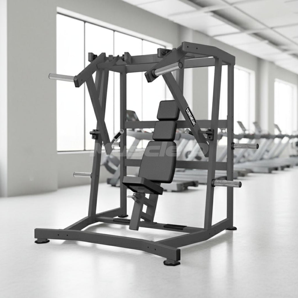 Excel Iso-Lateral Wide Chest Press - Muscle D Fitness - Plate Load Bench Press - Gas Shock Assisted Seat Adjustment - Plate Storage Pegs