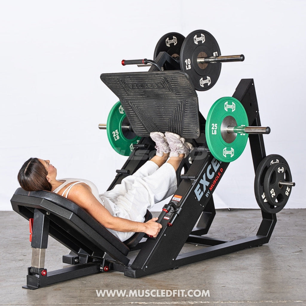 Excel Linear Leg Press - Muscle D Fitness - Plate Load Leg Press - Adjustable Back Pad - Plate Storge Pegs