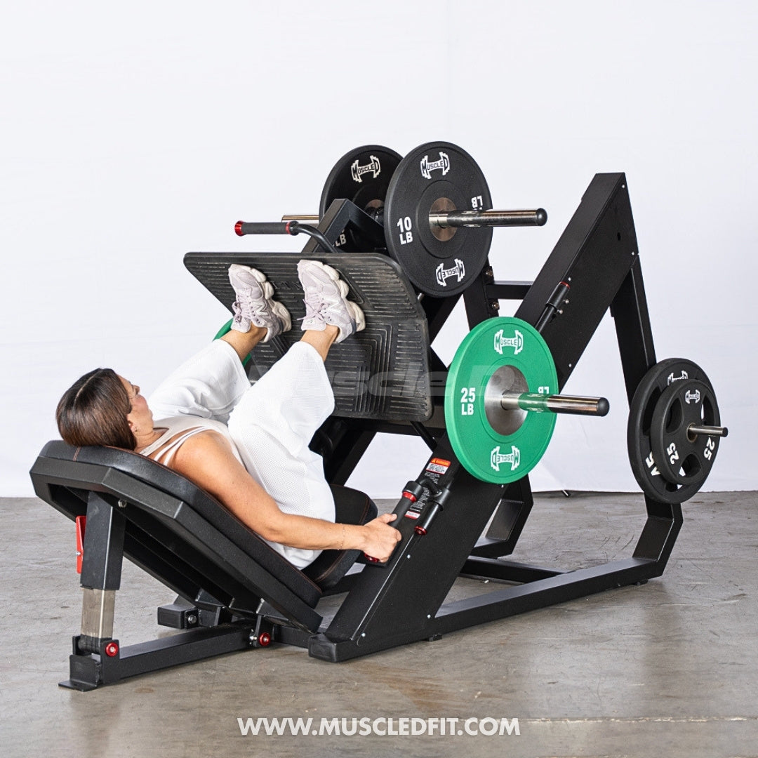 Excel Linear Leg Press - Muscle D Fitness - Plate Load Leg Press - Adjustable Back Pad - Plate Storge Pegs