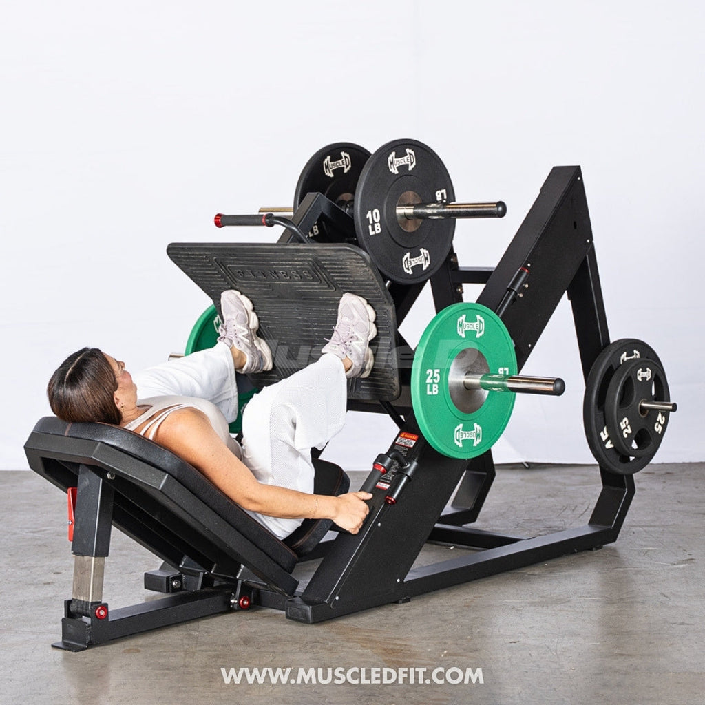 Excel Linear Leg Press - Muscle D Fitness - Plate Load Leg Press - Adjustable Back Pad - Plate Storge Pegs