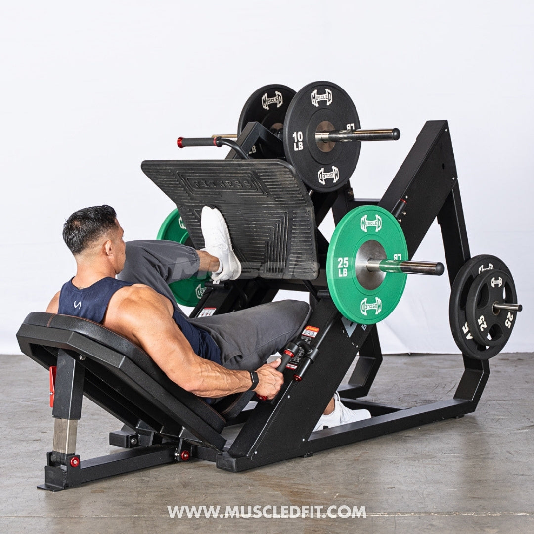 Excel Linear Leg Press - Muscle D Fitness - Plate Load Leg Press - Adjustable Back Pad - Plate Storge Pegs