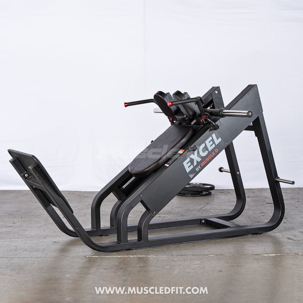 Excel Linear Hack Slide - Muscle D Fitness - Plate Load Hack Squat - Weight Storage Pegs - Safety Catch