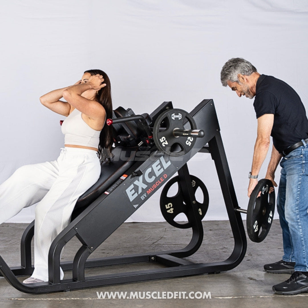 Excel Linear Hack Slide - Muscle D Fitness - Plate Load Hack Squat - Weight Storage Pegs - Safety Catch