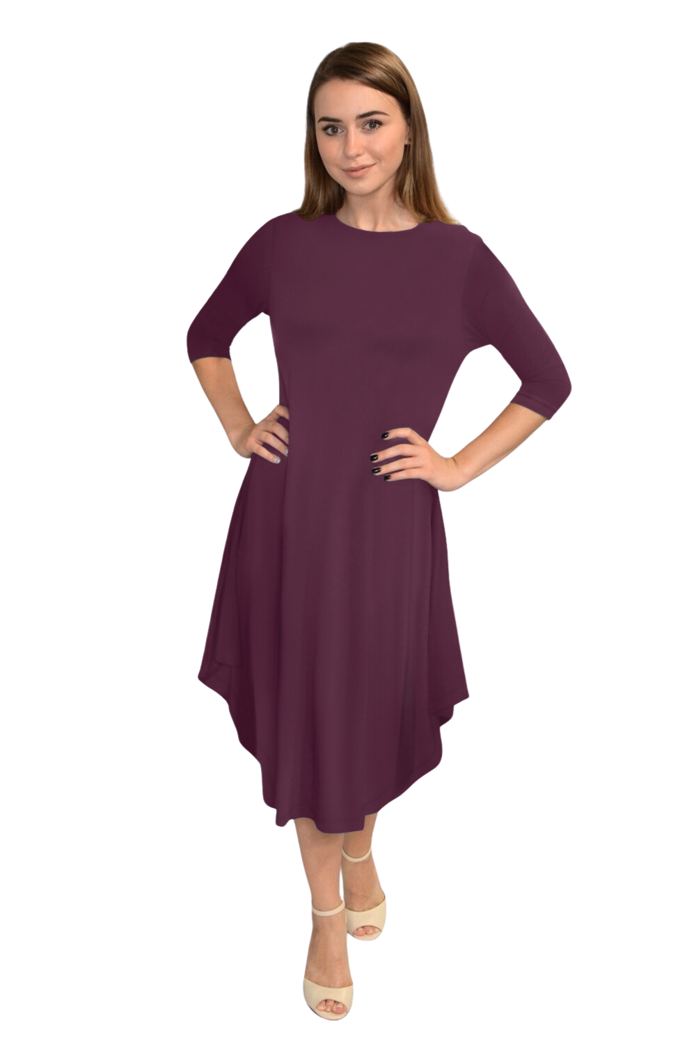 Flowing Midi Dress with 3/4 Sleeves and Dramatic Drape