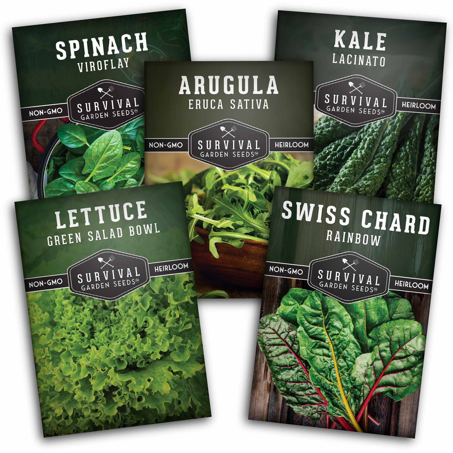 Greens Seeds Collection – 5 Heirloom Leafy Superfoods for Year-Round Growing Indoors or Outdoors