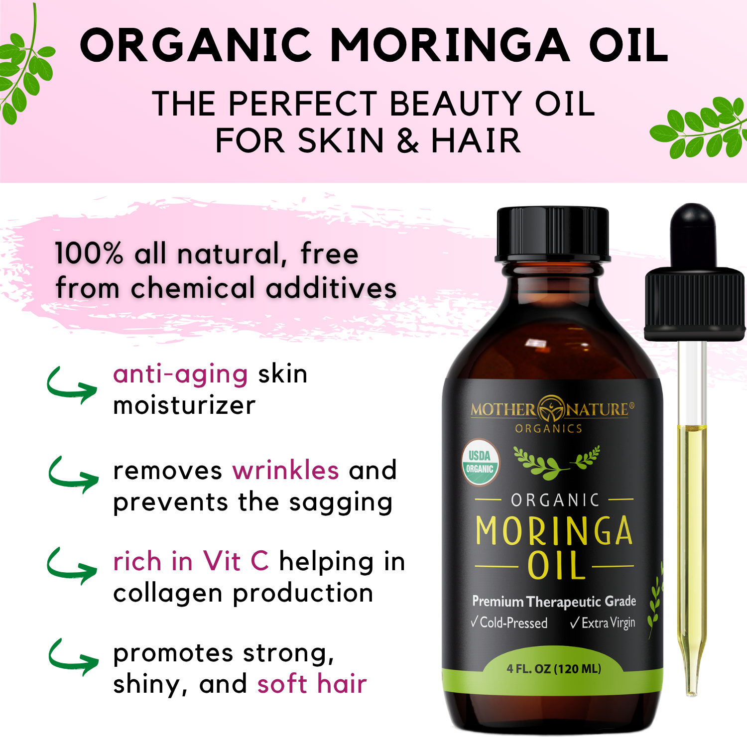Organic Moringa Oil for Glow, Hydration & Frizz Control
