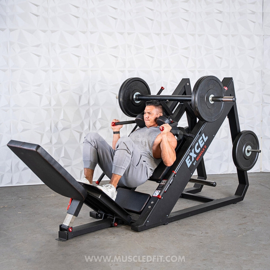 Excel Linear Hack/Leg Press - Muscle D Fitness - Plate Load Hack Squat Combo - Weight Storage Pegs - Adjustable Foot Plate / Back Pad