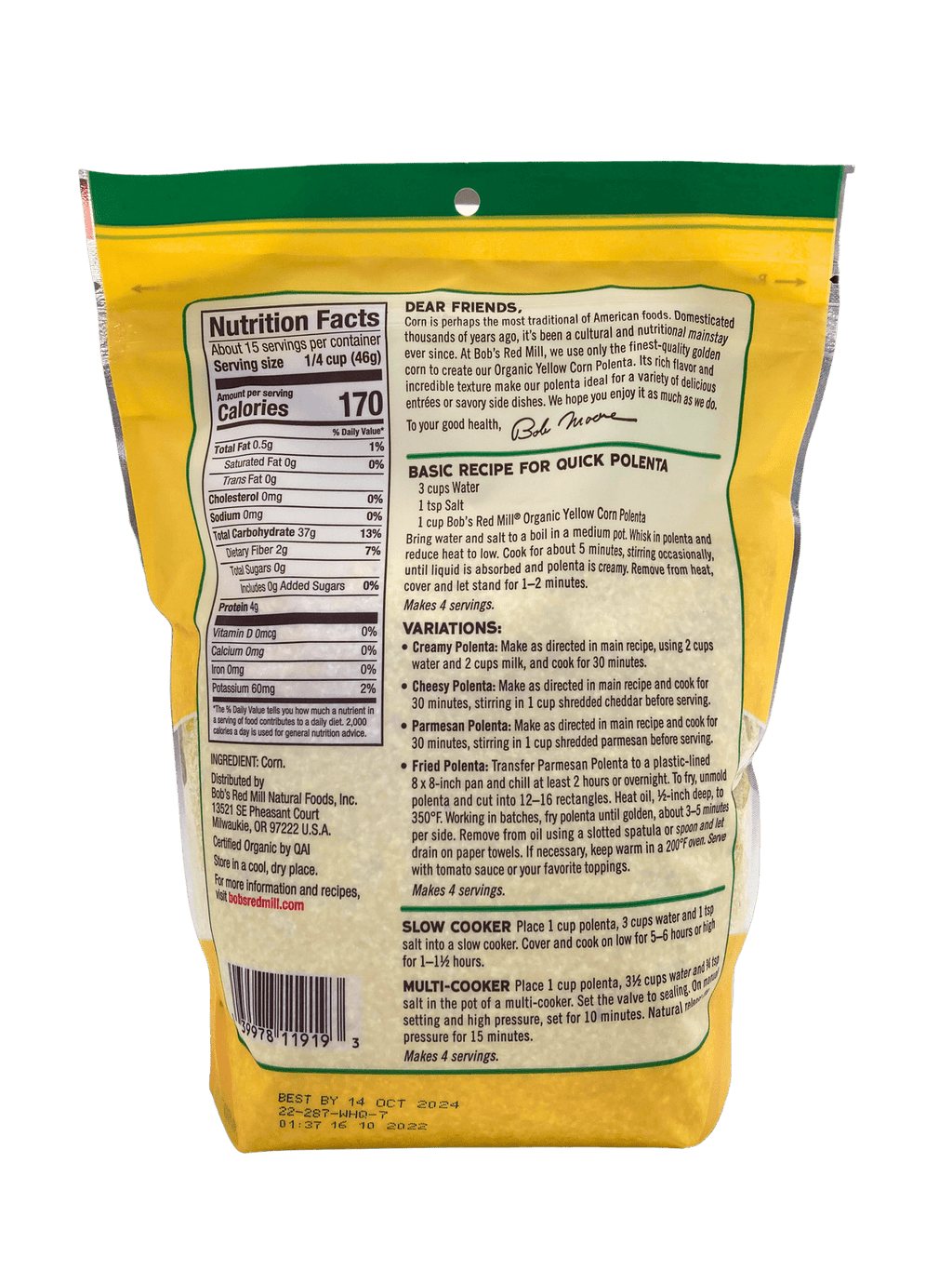 Corn Grits, Yellow, Organic, Polenta, Bob's Red Mill