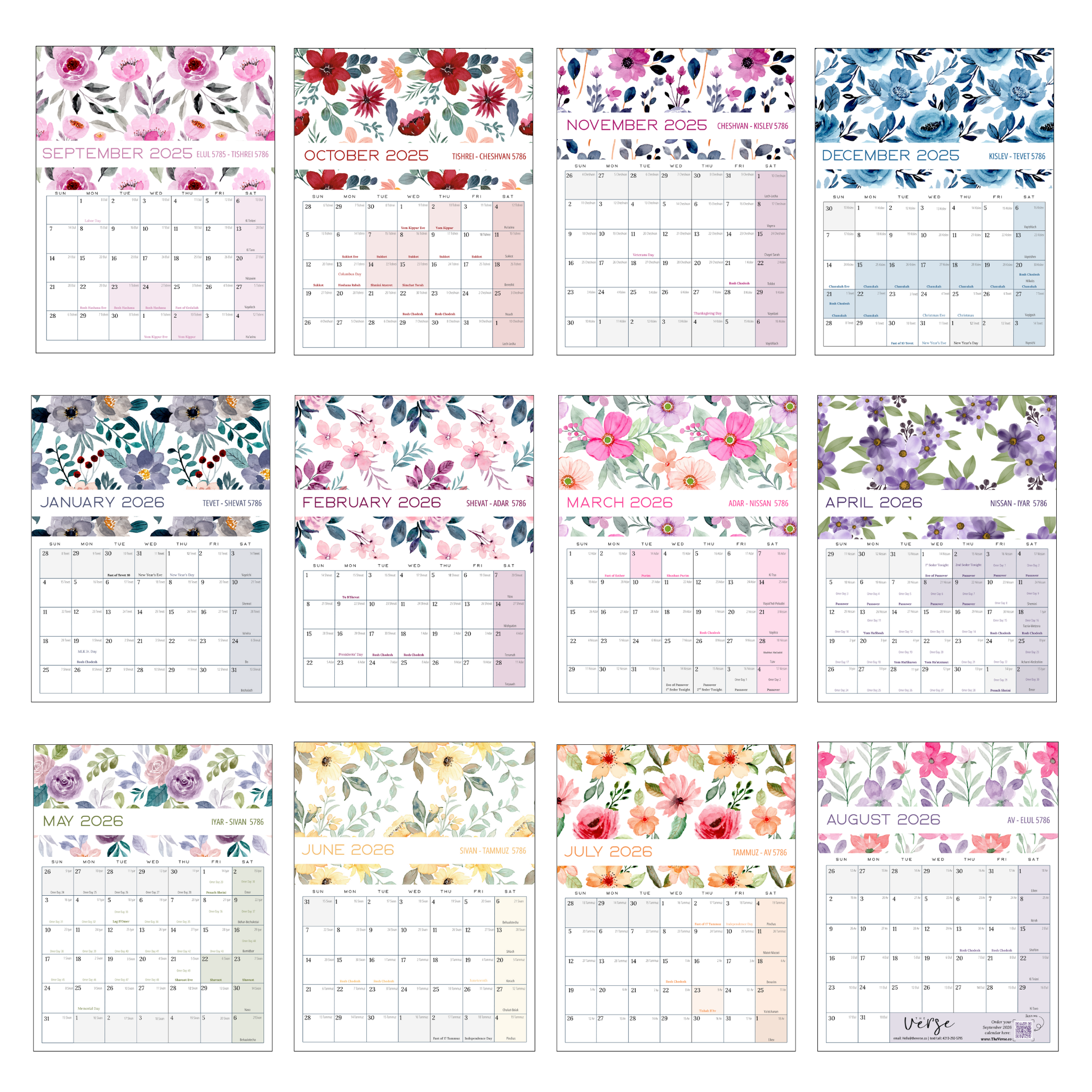 Jewish Wall Calendar 2025-2026 (5786) with Jewish & US Holidays - Floral Edition
