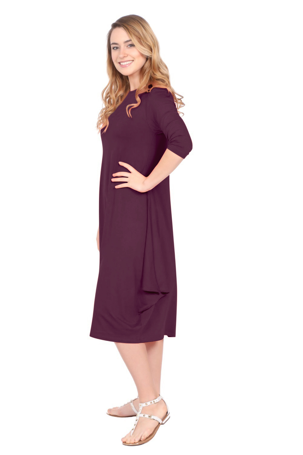 Flowing Midi Dress with 3/4 Sleeves and Dramatic Drape