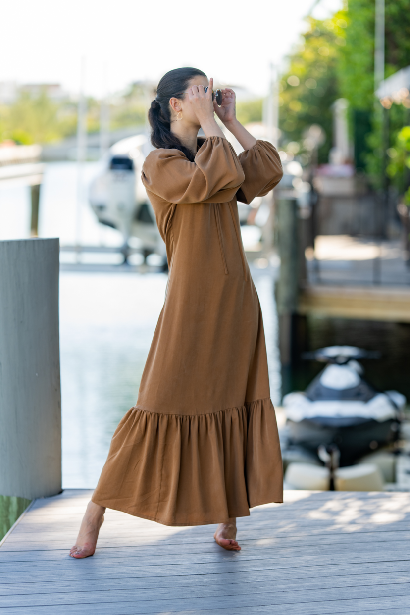 Cognac Shoelace Tie Maxi Dress