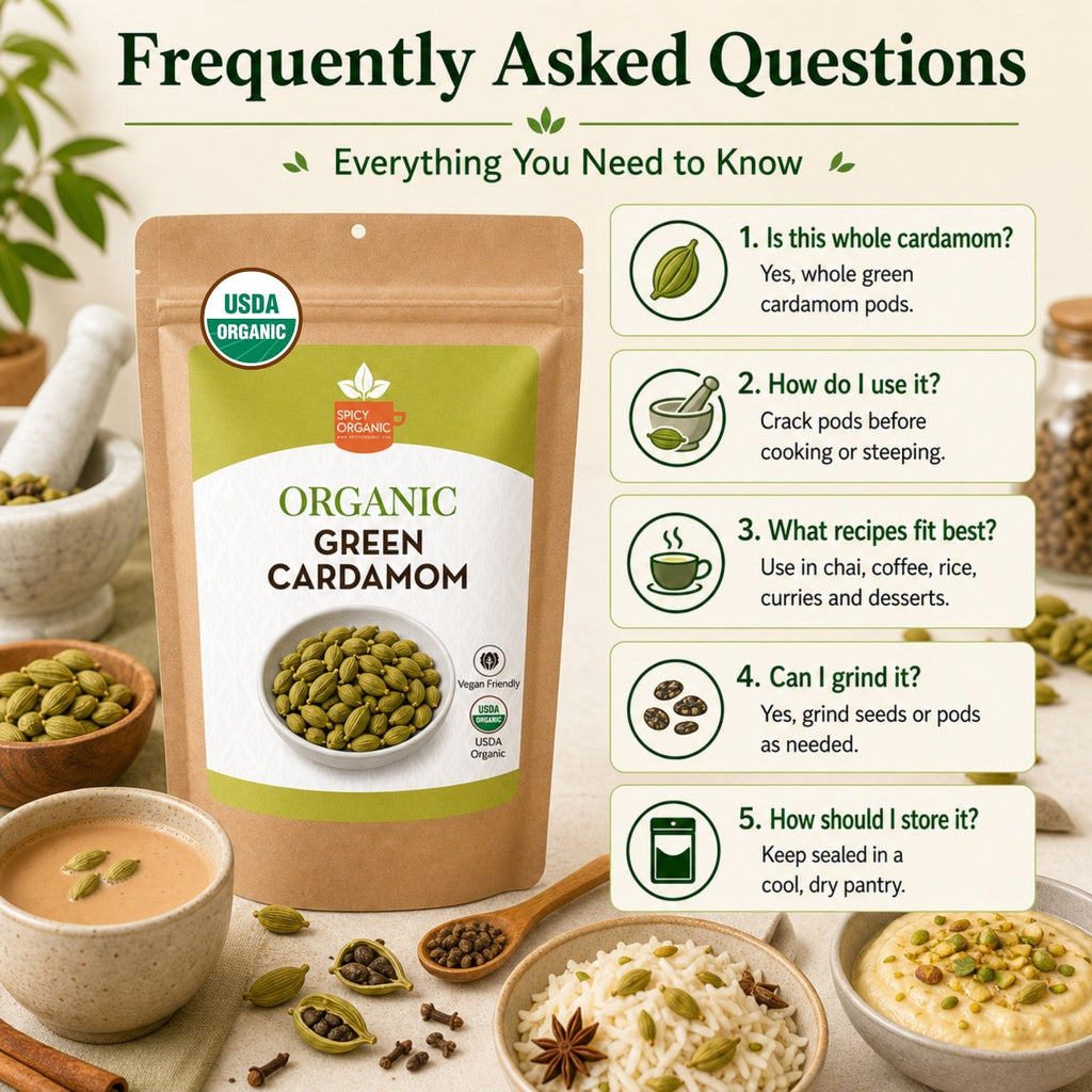 Organic Cardamom Pods — USDA Certified, Non-GMO | Jumbo Green Pods, Chai & Biryani