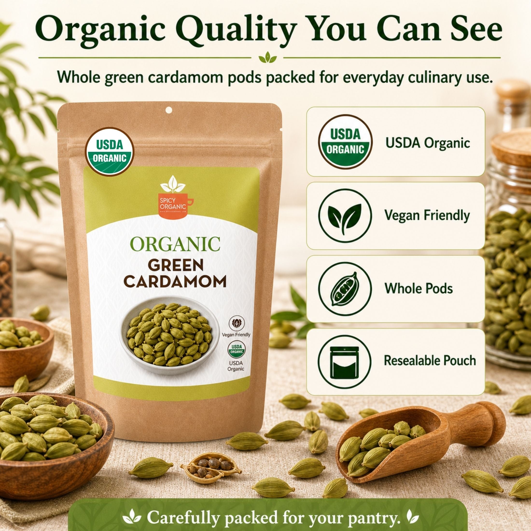 Organic Cardamom Pods — USDA Certified, Non-GMO | Jumbo Green Pods, Chai & Biryani