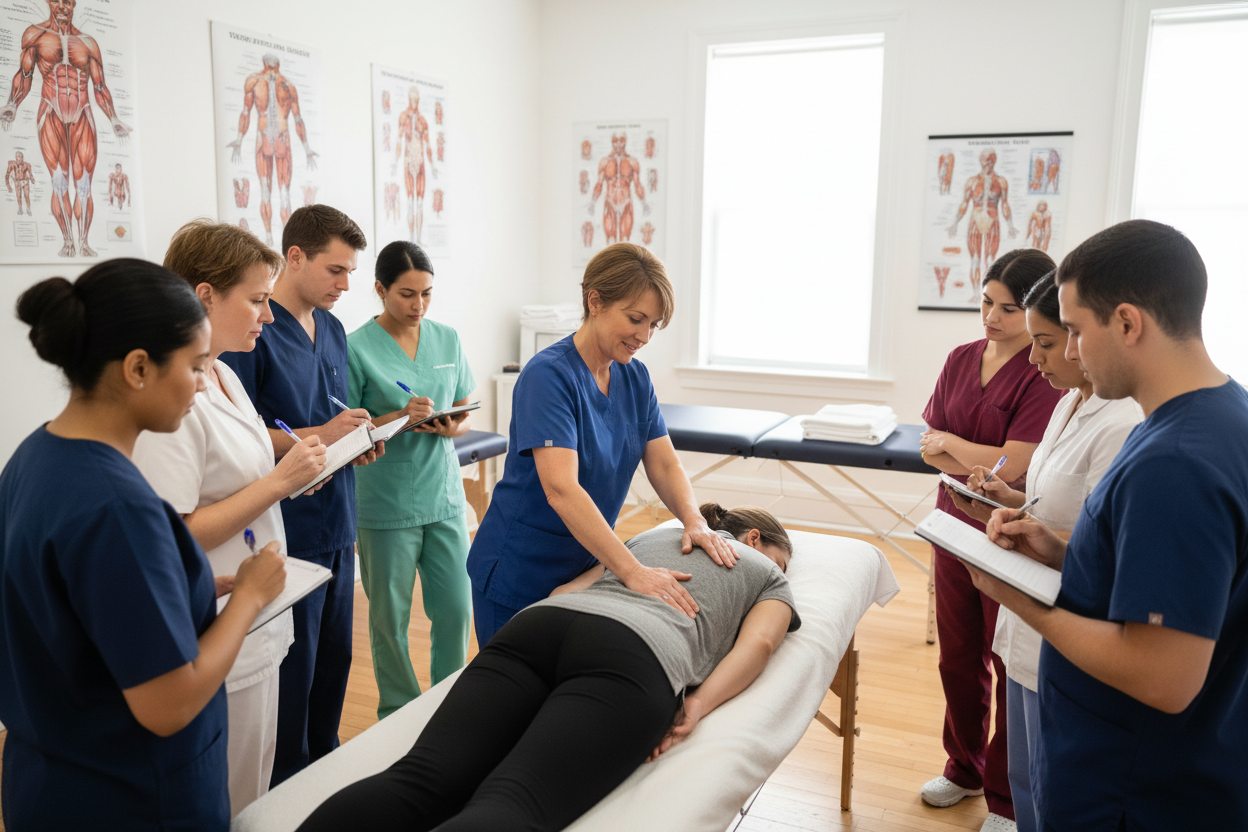 Create an image for "Black Hills School of Massage" that shows a massage teacher and students. No new-age imagery. No yoga. Modest. No nudity. 