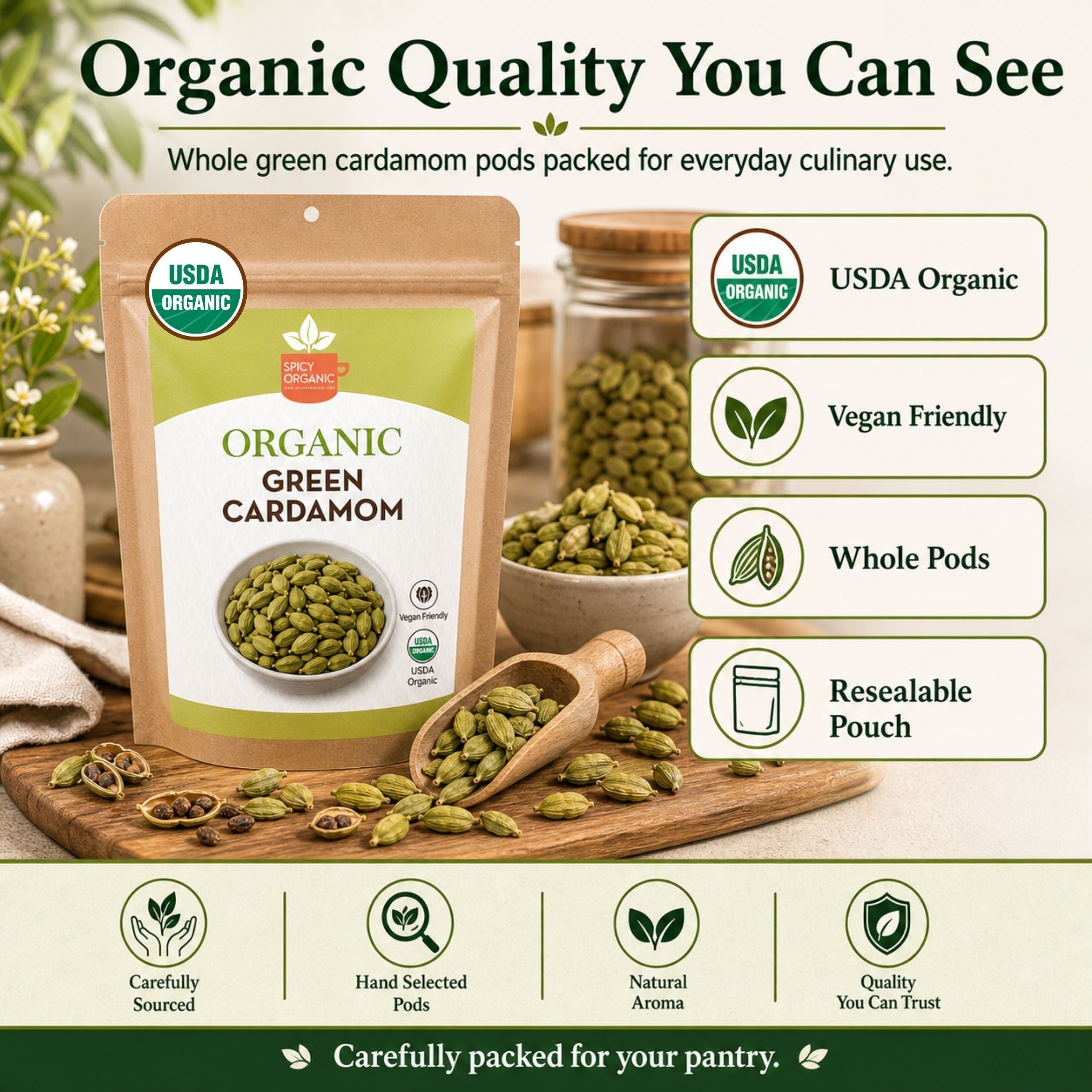 Organic Cardamom Pods — USDA Certified, Non-GMO | Jumbo Green Pods, Chai & Biryani