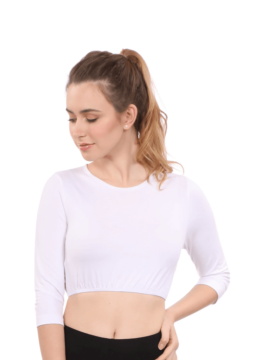 Modest Neck Cropped Layering - Cotton Spandex 3/4 Sleeve Shell Top