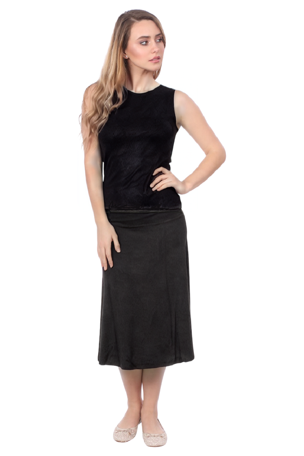 Sleek A-Line Adjustable Waist Midi Skirt with Fold-Over Waistband