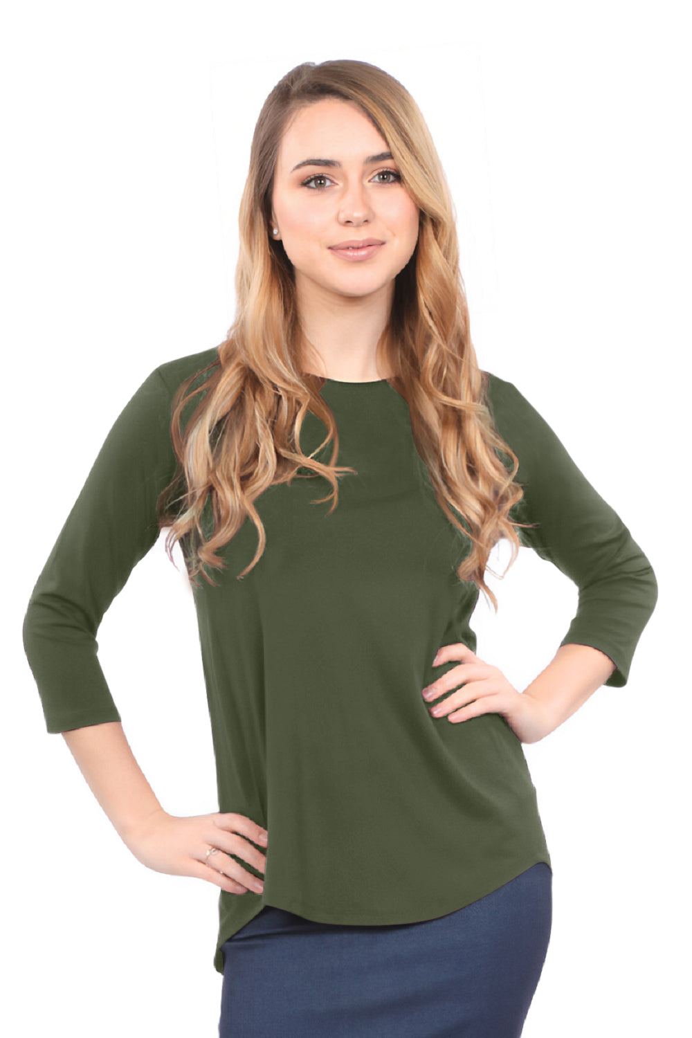 3/4 Sleeve Curved Hem Tunic Top - Breathable Viscose Spandex